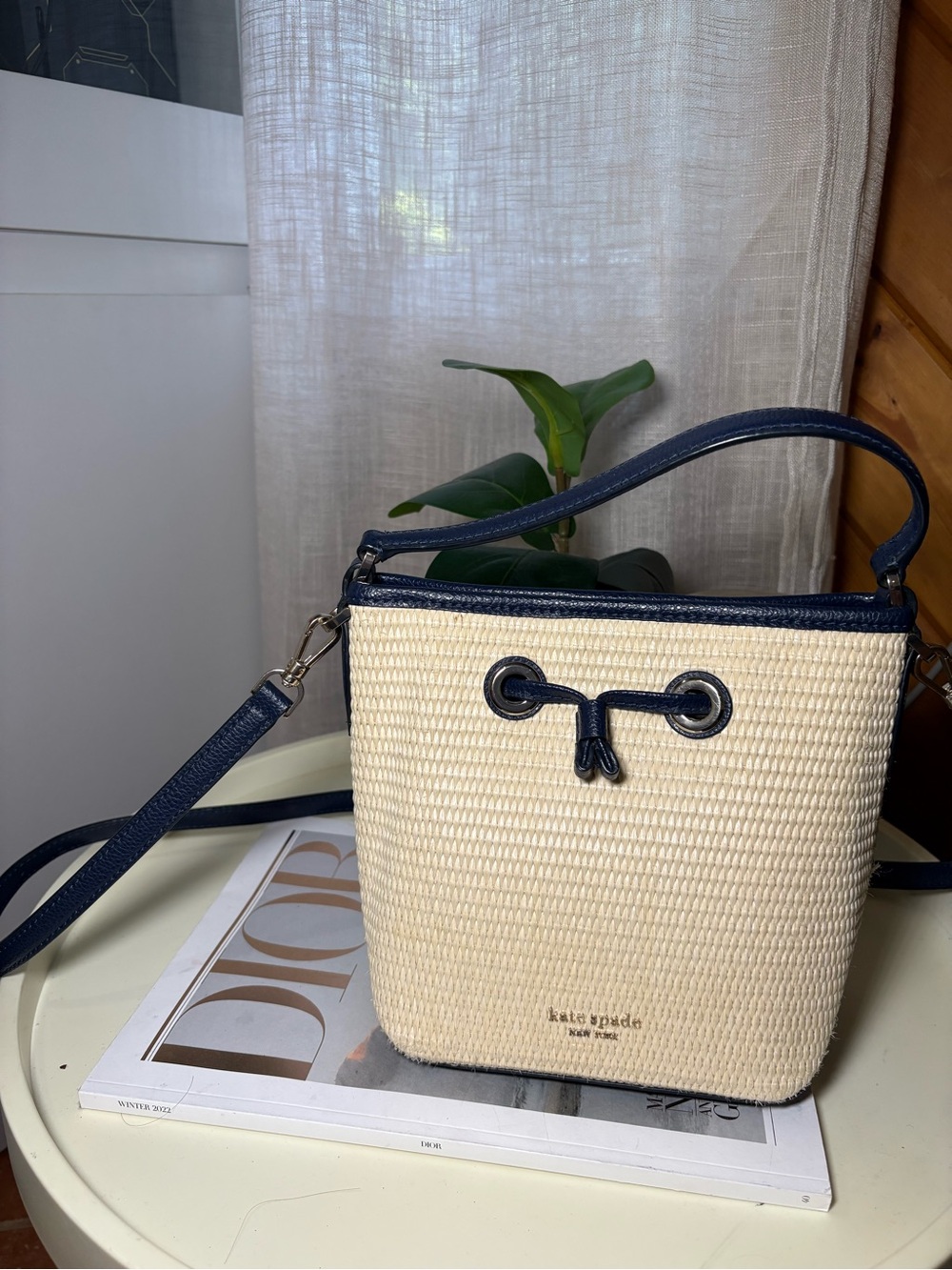 kate spade Cream and Navy Straw Crossbody Bucket Bag - Picture 7 of 7